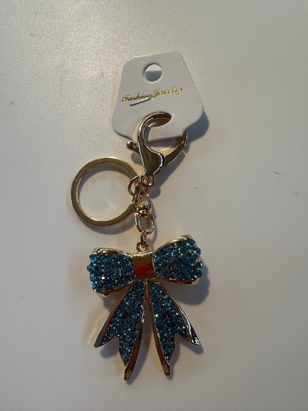 Gold Bow Keychain with Blue Rhinestones